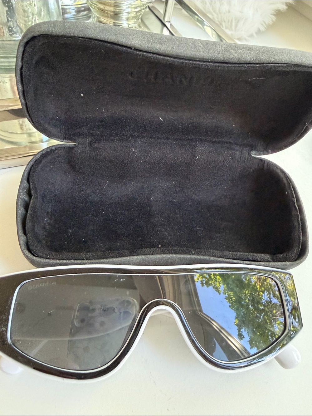 CHANEL Black and White Shield Sunglasses